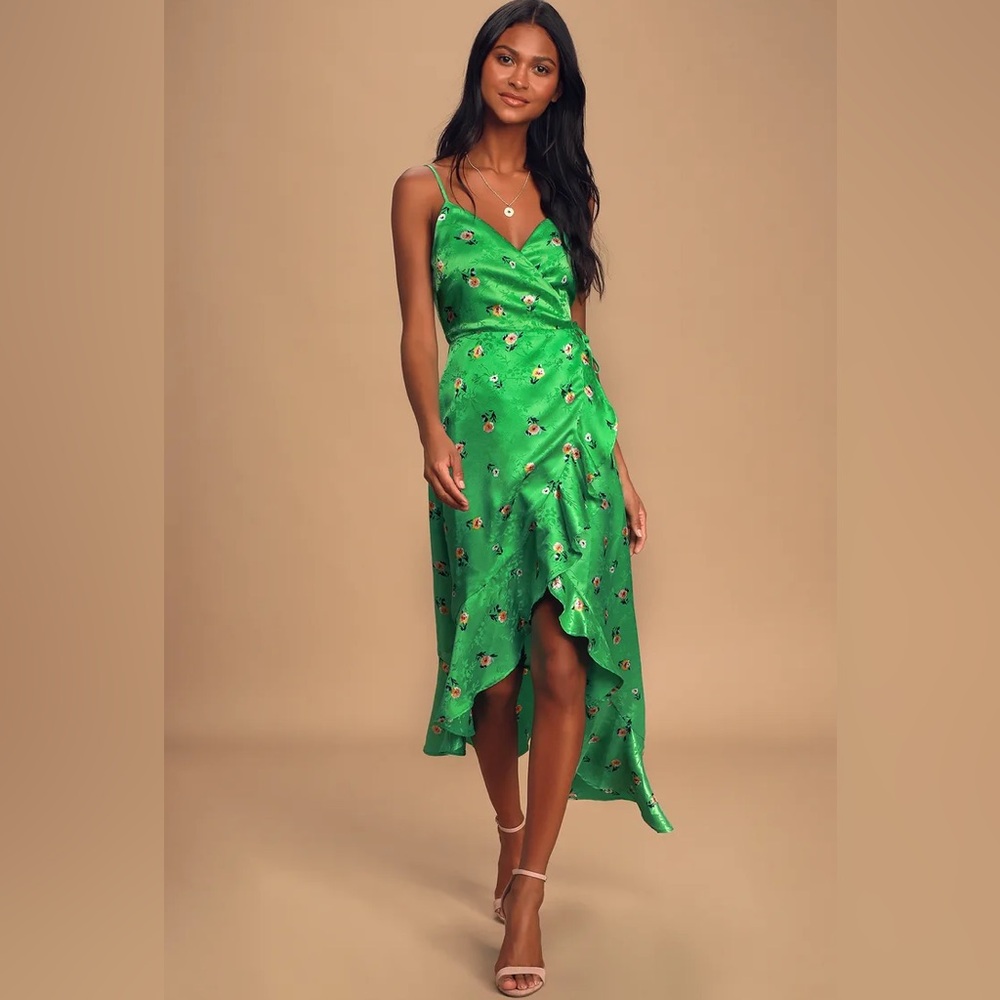 NWT Lulus Green Floral Jacquard Satin High Low Midi Wrap Dress Size Small